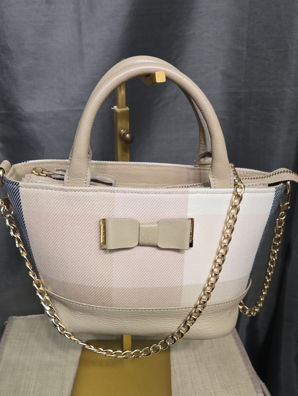 Burberry Beige & Pink Plaid Top-Handle Satchel with Gold Chain